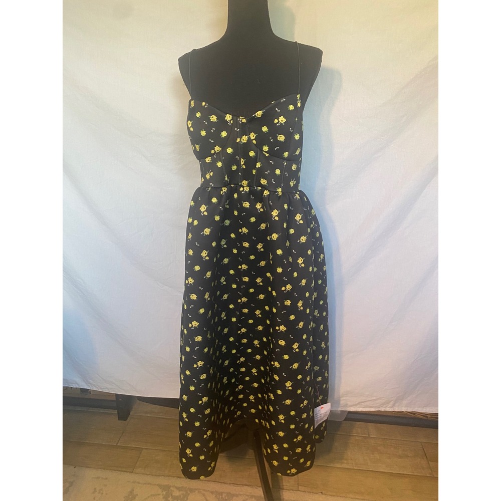 ASOS DESIGN Black Yellow Floral Corset Scuba Midi Dress Cross Back US 10